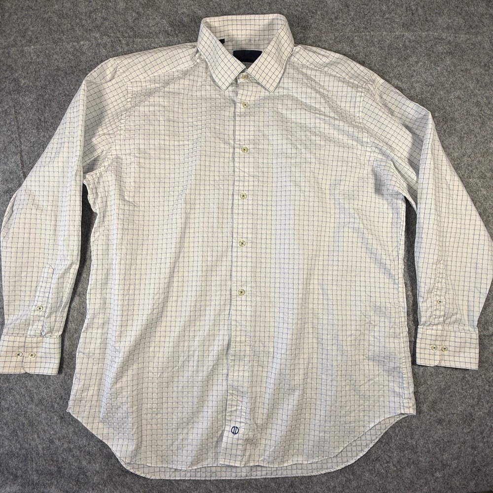 David Donahue Dress Shirt Mens 17.5 34/35 White Blue Plaid Check Long Sleeve
